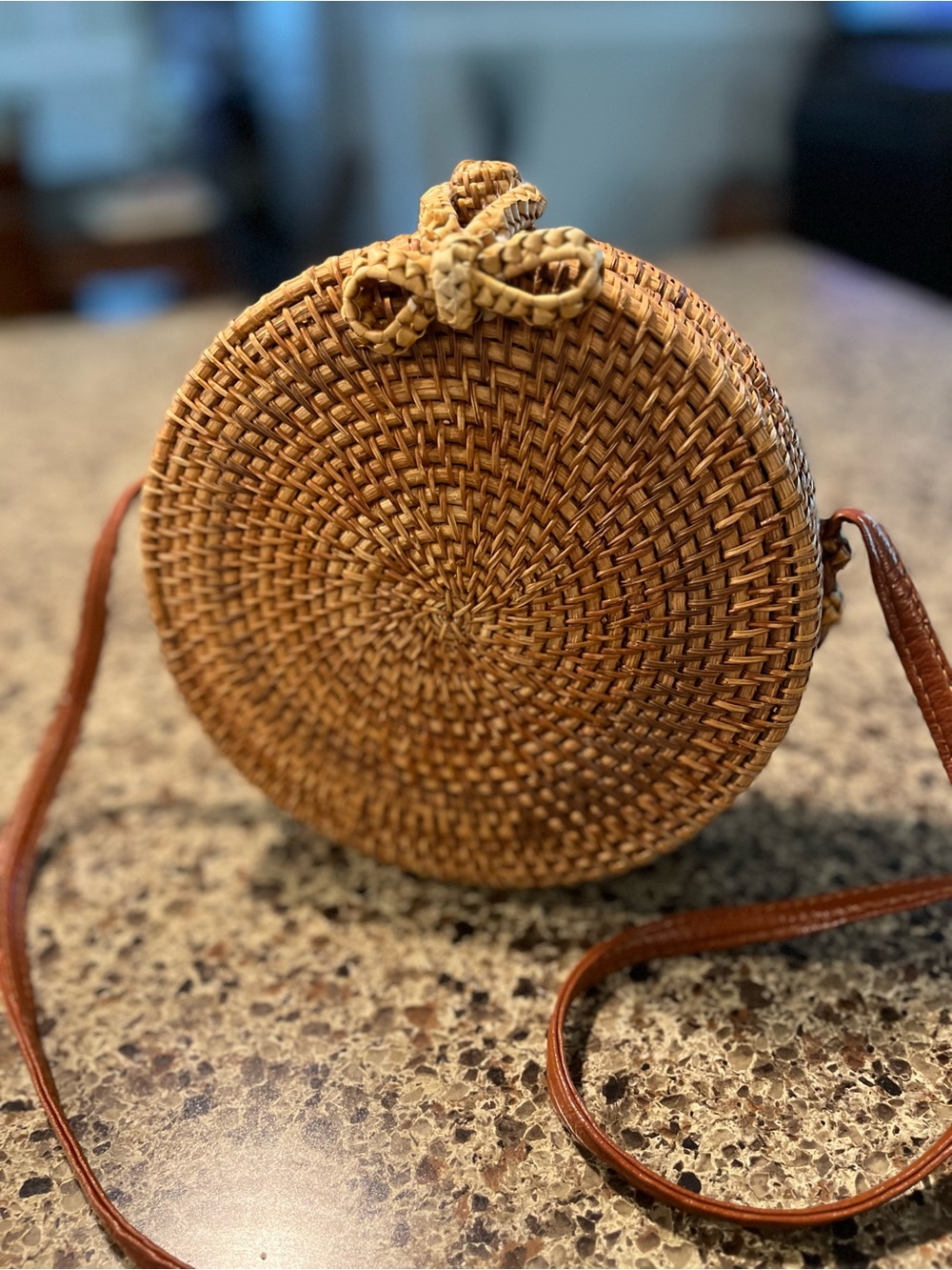 Woven Round Crossbody Bag in Natural Brown